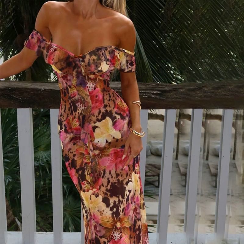 Alizio - Maxi-jurk met korte mouwen, blote schouders, bloemenprint, ruches en strikbandjes op de rug