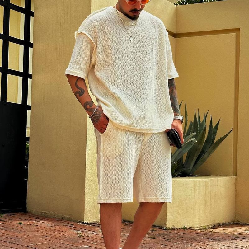 Dubbel Wit - Set: T-shirt met korte mouwen, ronde hals en effen kleur + shorts