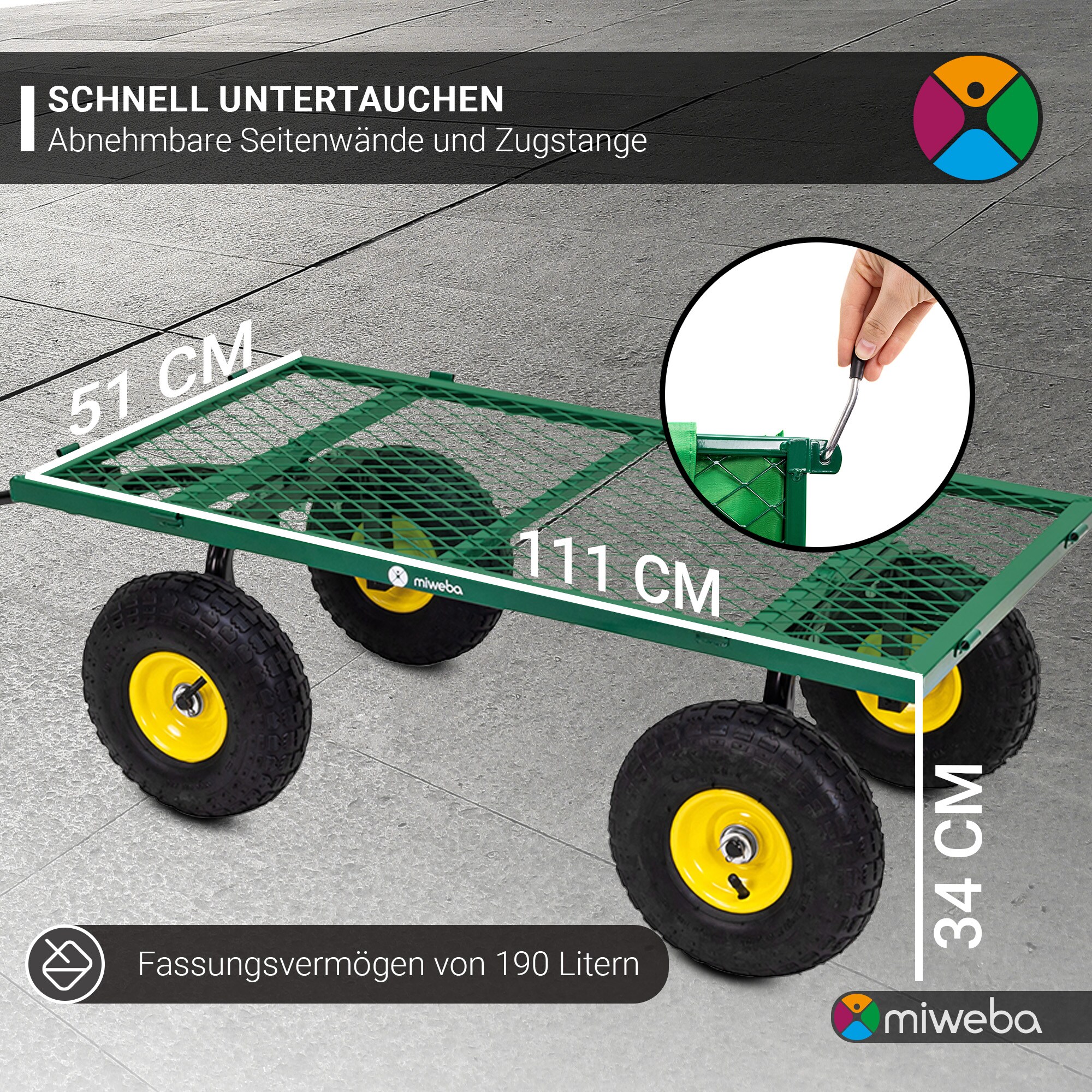 Miweba Bollerwagen MB-550, klappbare Seitenwände, Zuladung bis 550 kg, abnehmbare Polyesterplane (Grün)