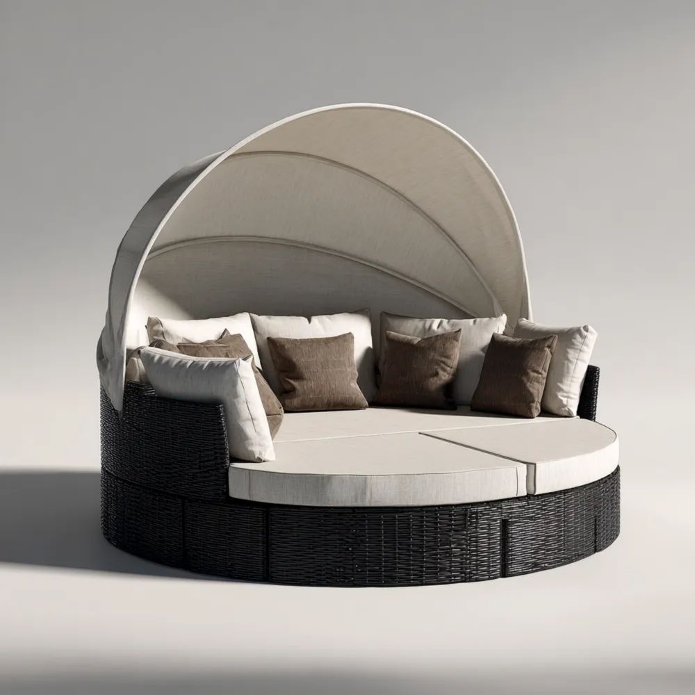 Runde Gartenliege Rattan 180x180x75 cm – Creme/Schwarz – Mit Sonnendac
