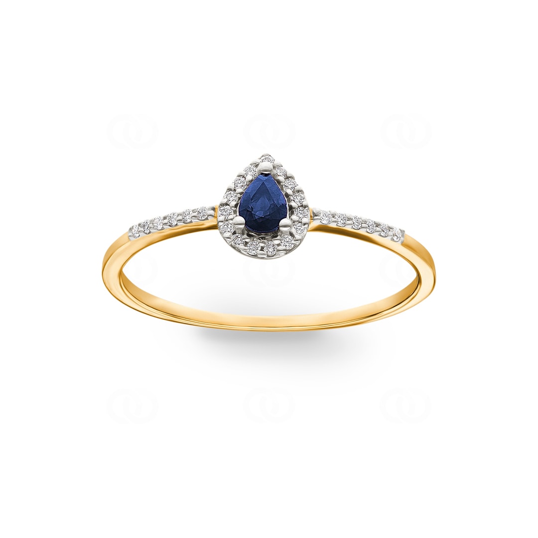 Damenring 750/18 K Gelbgold mit Saphir Tropfen und Diamanten 0.08 ct H/si