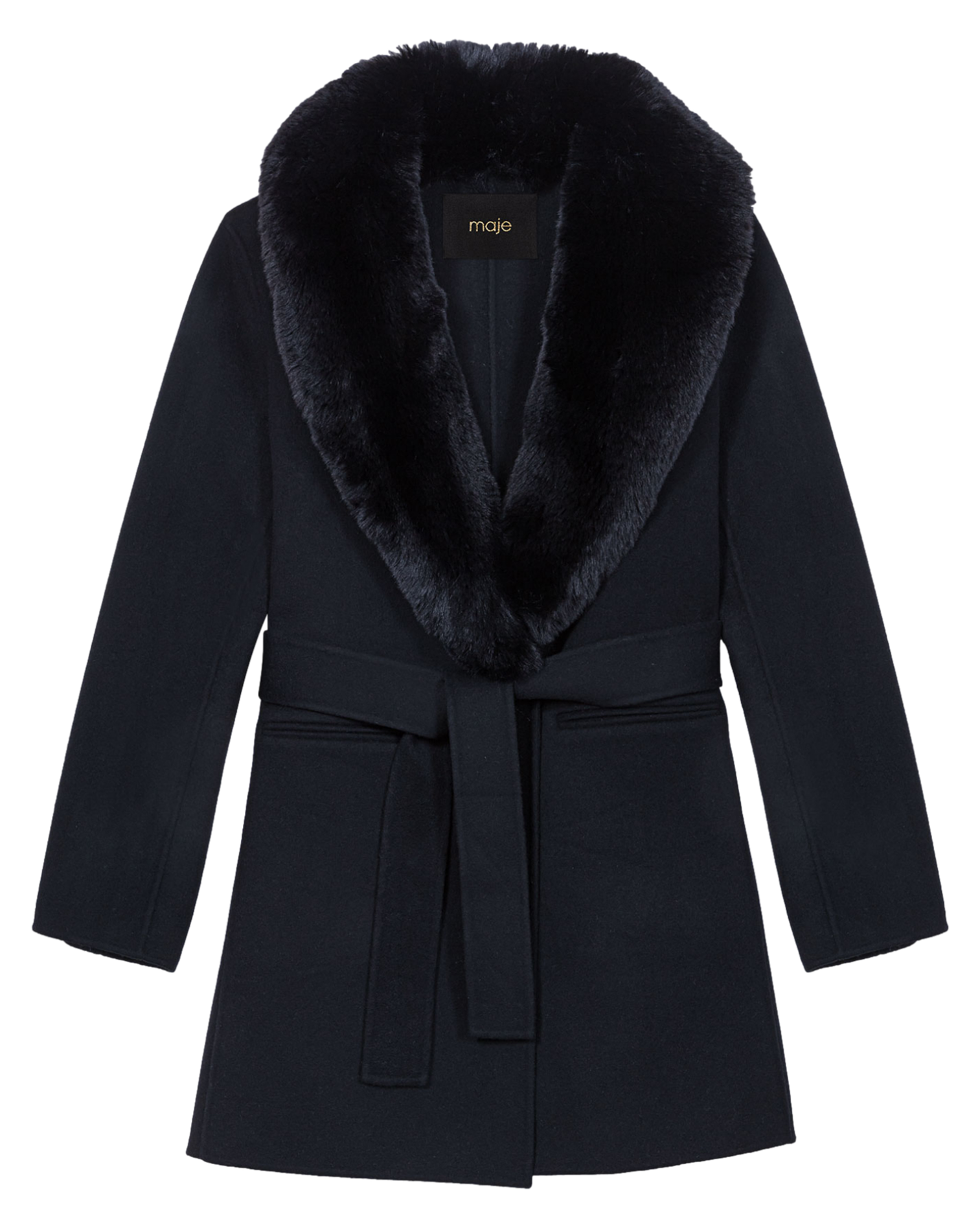 Manteau col effet fourrure en laine mélangée | Noir