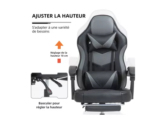 Fauteuil de gaming réglable avec repose-pied, coussin de tête et coussin lombaire - noir et gris