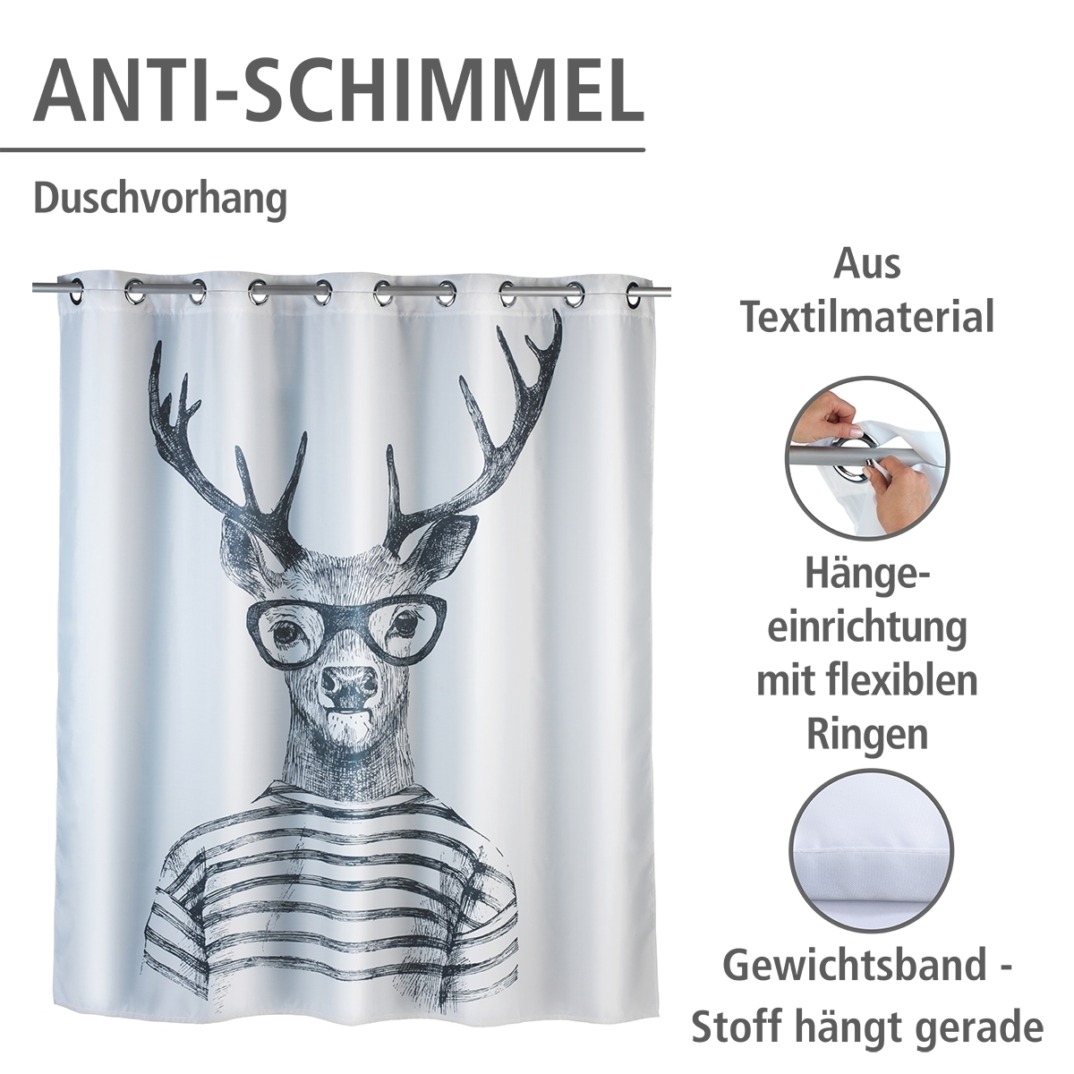 WENKODuschvorhang MR. DEER FLEX - weiß-schwarz - waschbar - 200x180 cm