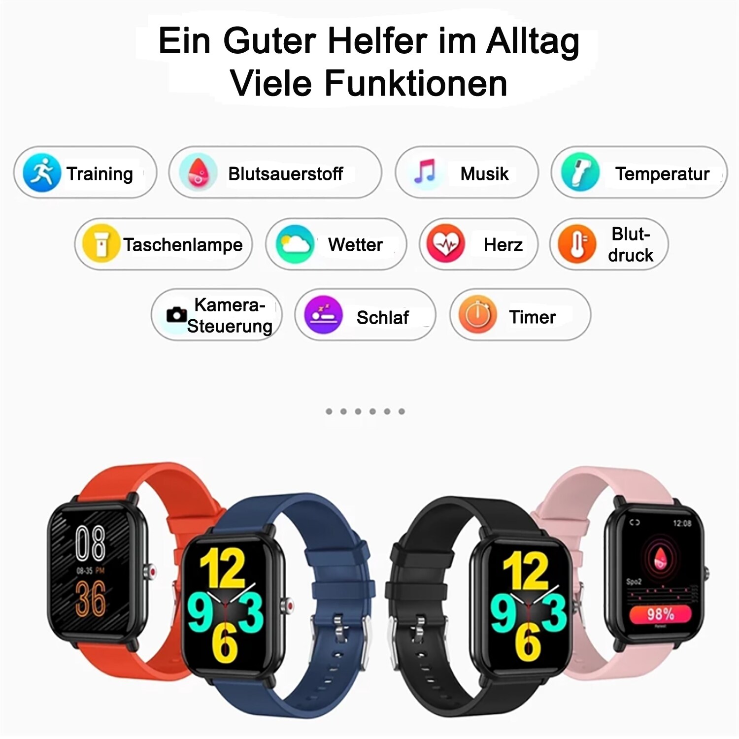 TPFNet Smart Watch / Fitness Tracker IP67 - Silikon Armband - Android & IOS - Schwarz