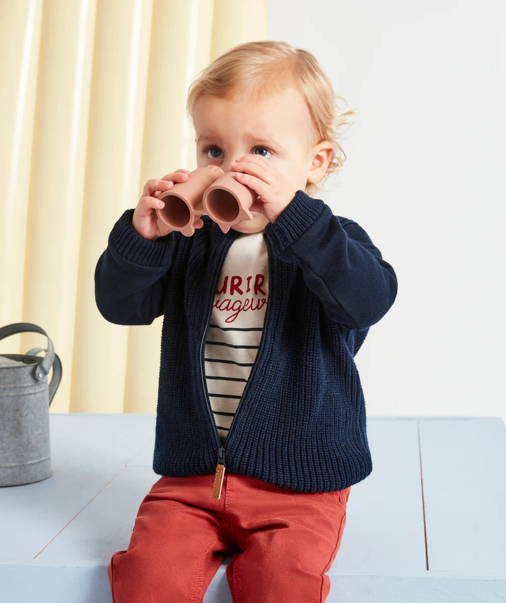 GILET EN TRICOT À ZIP BI MATIÈRE BLEU MARINE BÉBÉ GARÇON