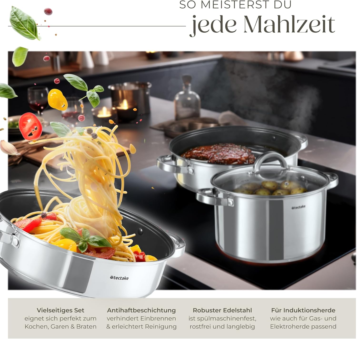 tectake® 15-tlg. Topfset, Edelstahl Kochgeschirr, Bratpfanne und Töpfe Set mit Deckel, Kochtopf Set für Induktionskochfeld, Gas- und Elektroherd geeignet, Topfsets für Camping und Wohnung, Küchensets