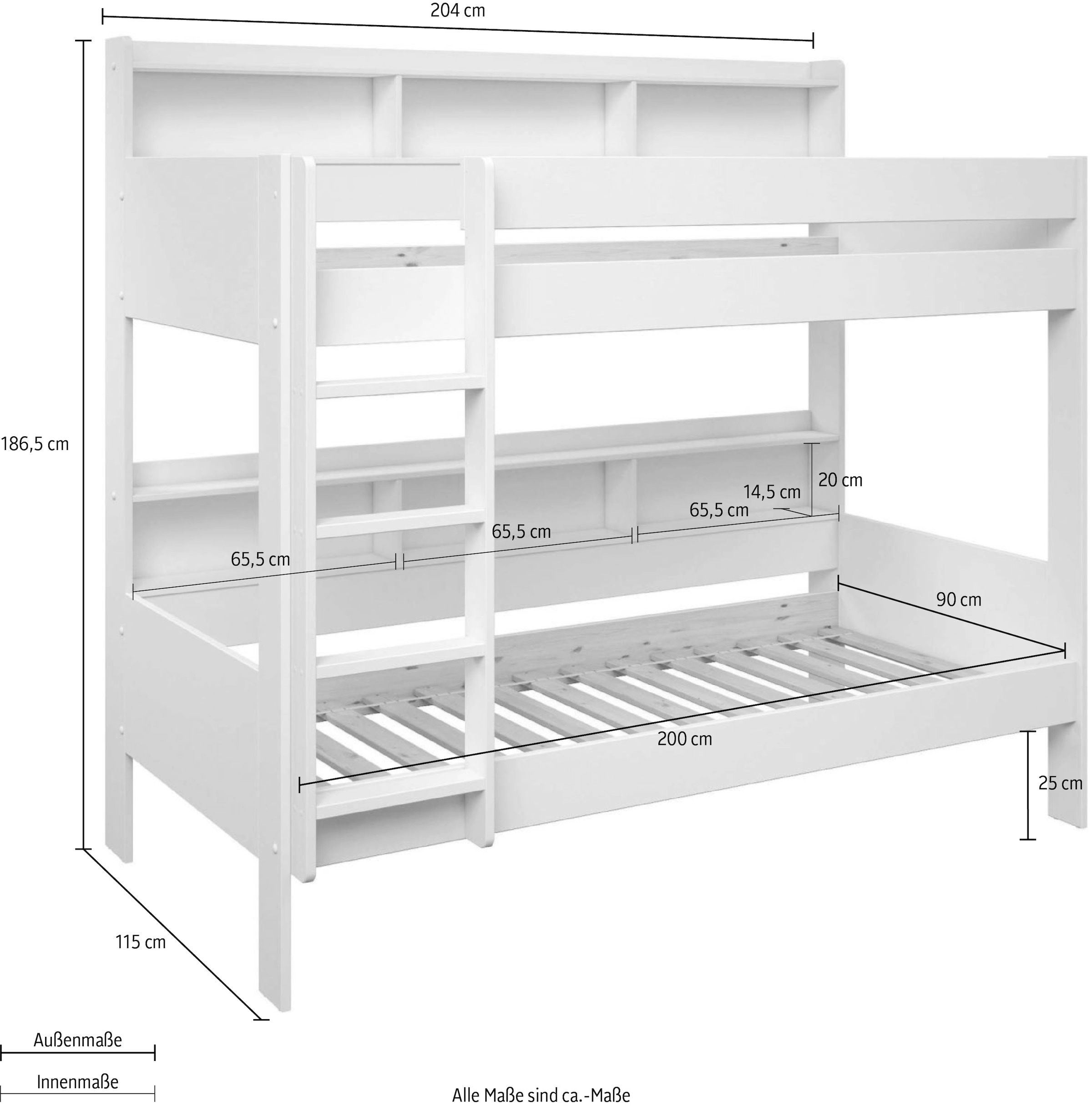 Lüttenhütt Etagenbett »JAIME, TOPSELLER! Stockbett, mit Regalen, Schublade optional« ca. 186x115x204 Höhe/Breite/Länge,  FSC® zertifiziertes Massivholz, viel Stauraum und Abstellfläche