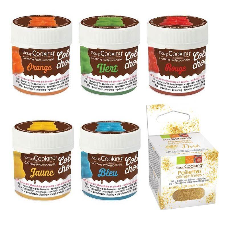 5 colorants liposolubles bleu-jaune-rouge-vert-orange + paillettes dor