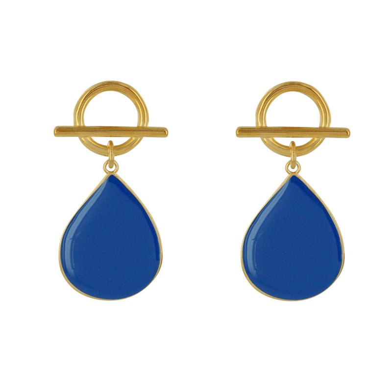 Boucles d'Oreilles Laiton Doré Fermoir T et Goutte Émaillée
