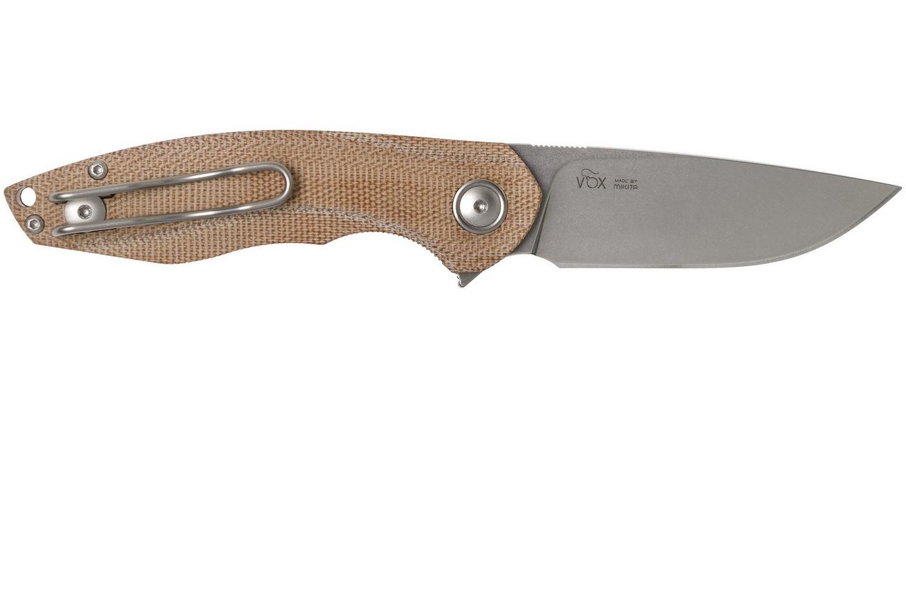 MKM Timavo VP02-NC Natural Canvas Micarta Stonewash zakmes, Voxnaes design