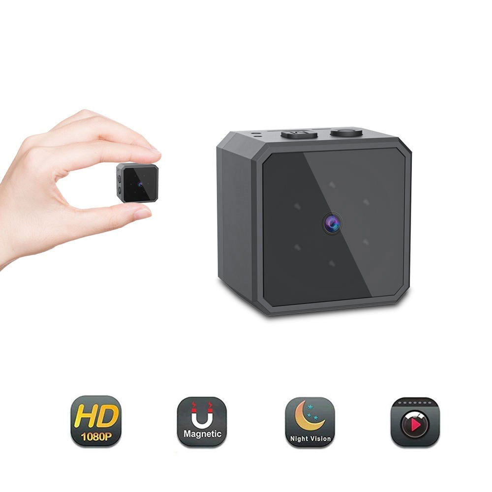 Mini Kamera FullHD 1080p Magentisch mit Bewegungserkennung / IR Nachtsichtfunktion / Akku (200mAh) und Micro SD Kartenslot   Halterung - Schwarz