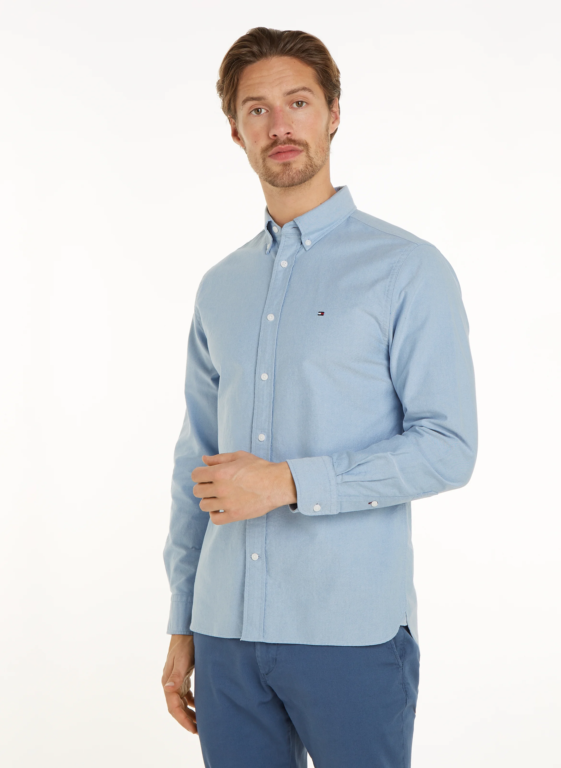 Chemise col américain en coton bio mélangé | Bleu