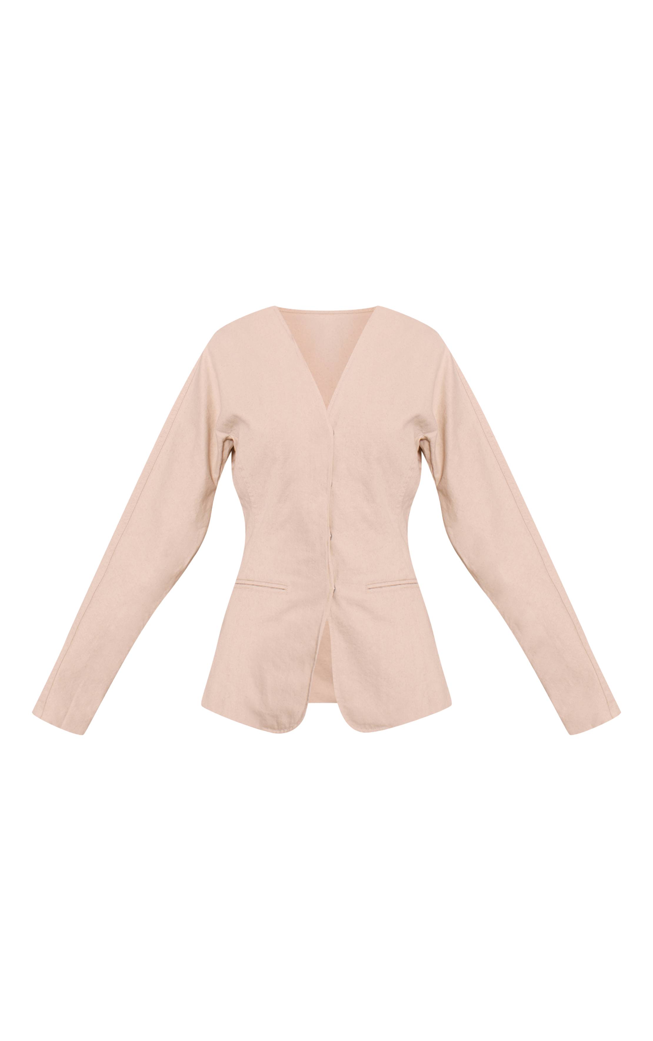 Ecru Blazer En Denim Ajusté À Ourlet Courbe Pour Grande Taille