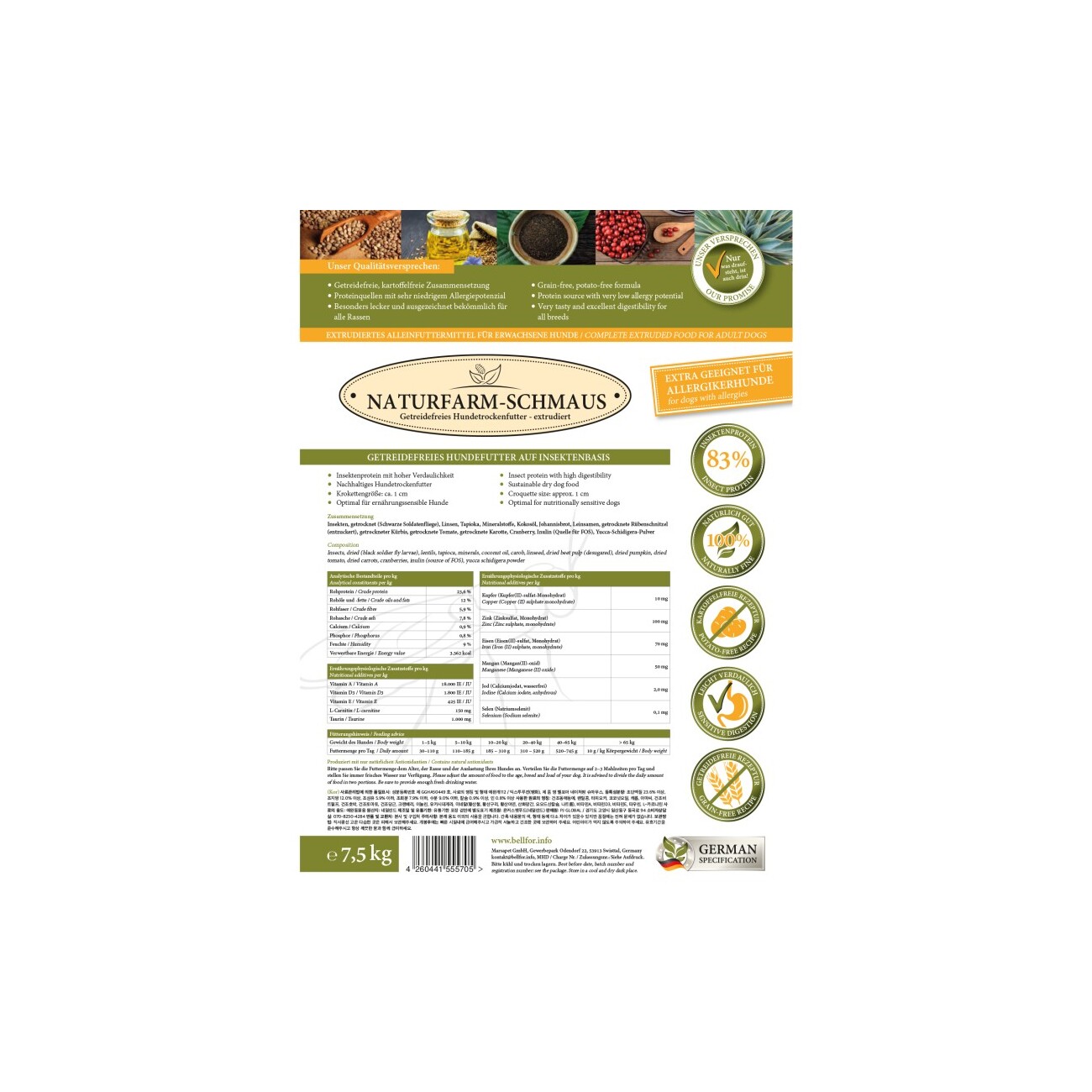 Bellfor Hundetrockenfutter mit Insekten - Naturfarm-Schmaus - 7,5 kg