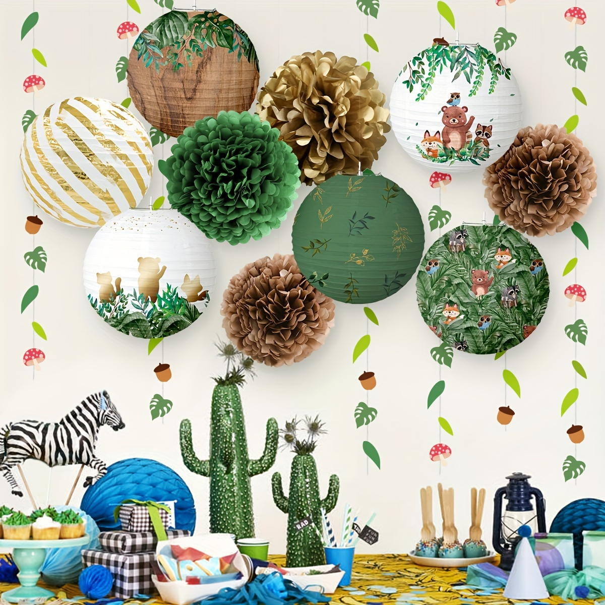 (12-tlg. Set) Papier Lampions Kinder Party Deko inkl. Pompon's / Blätter Girlande - Waldtiere