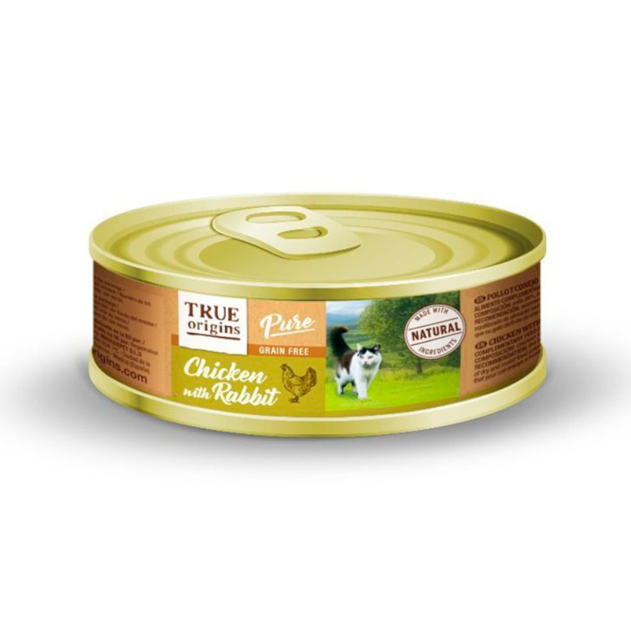 Ração enlatada True Origins Pure Adult de frango e coelho para gatos.