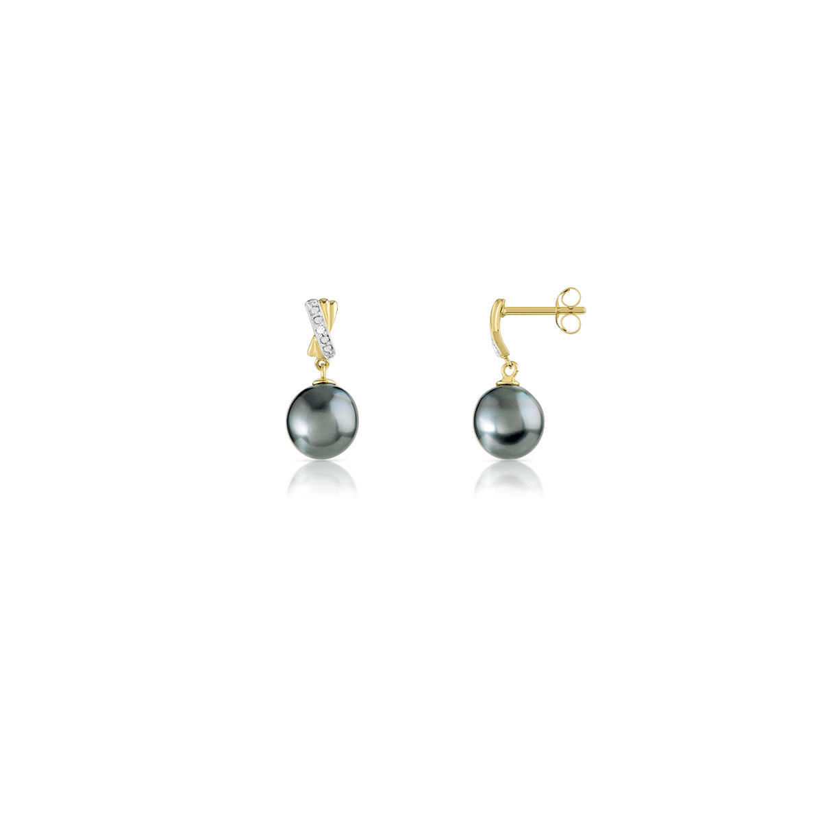 Boucles d'oreilles or 750 2 tons pendants perles de culture de Tahiti et diamants