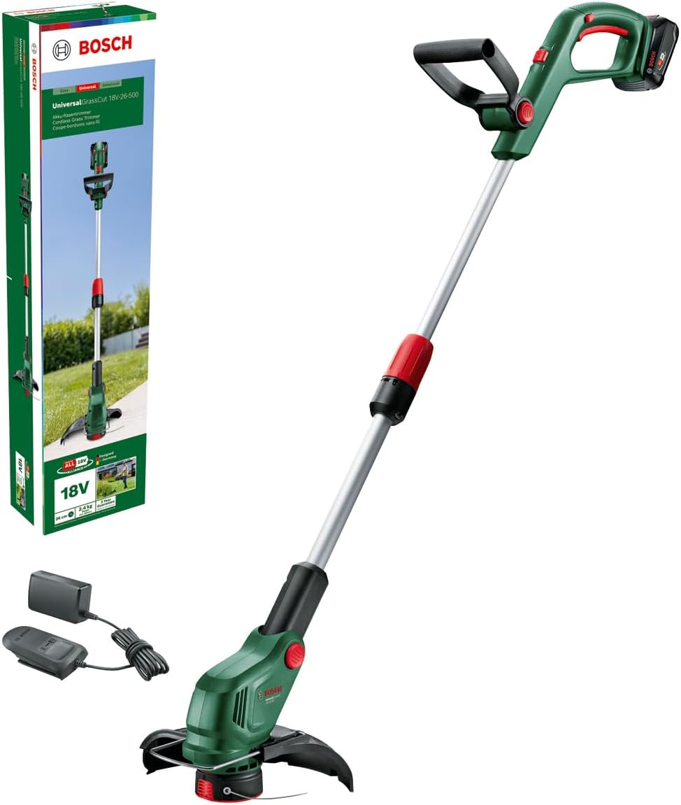 Bosch Akku-Rasentrimmer UniversalGrassCut 18V-26-500 (zum Rasentrimmen und Kantenschneiden; Ladezeit: 65 min; Schnittkreisdurchmesser: 26 cm; 18-Volt-System; mit 2.0 Ah-Akku und Ladegerät)