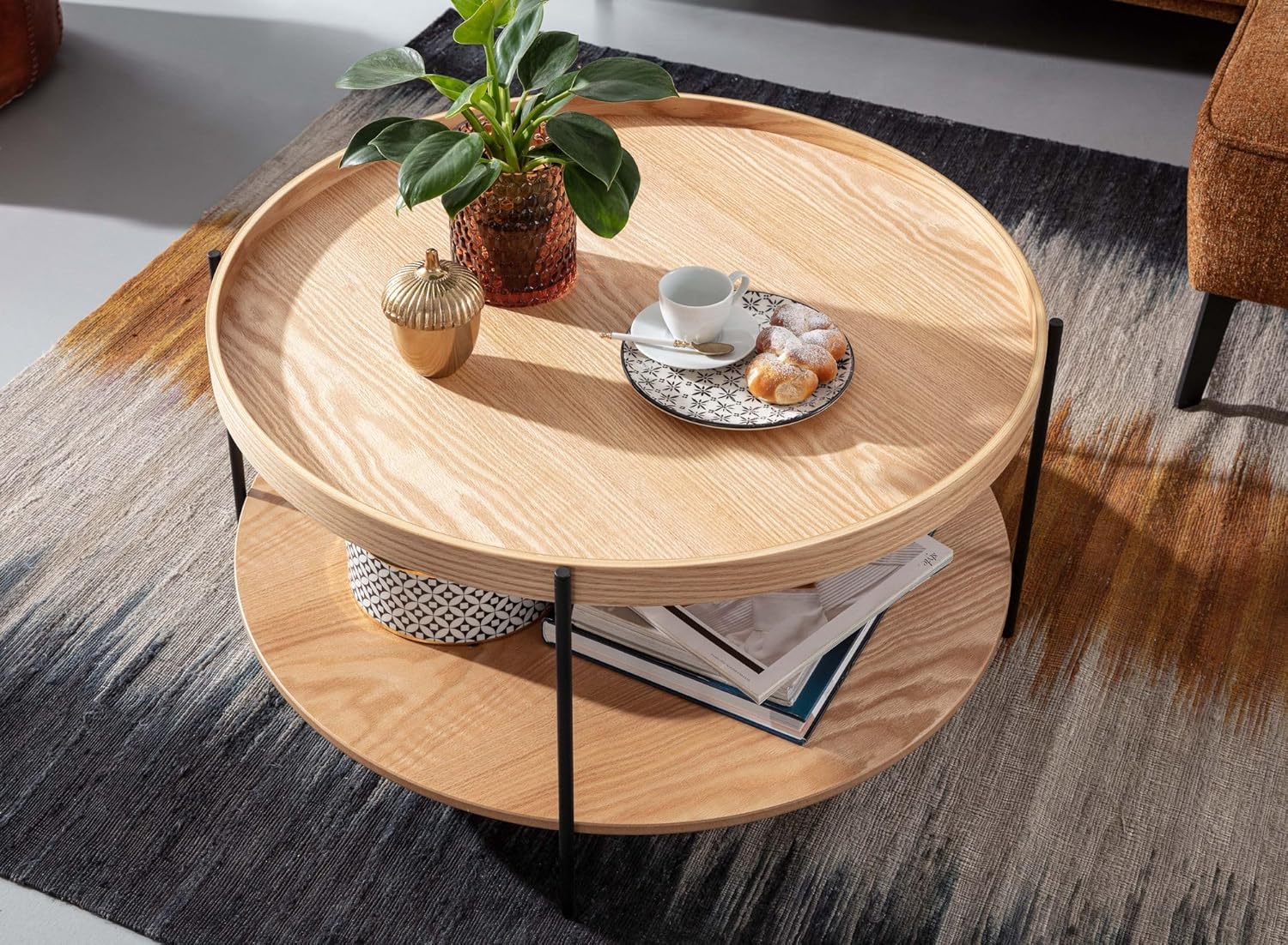 FineBuy Couchtisch Rund 80cm MDF Holz & Metall Skandinavisches Eiche Design – Moderner Wohnzimmertisch mit großer Ablage – Design Sofatisch für Wohnzimmer