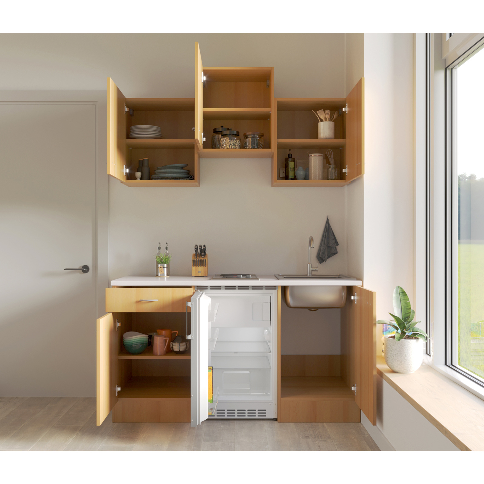 Küchenblock NANO - Buche - mit Kühlschrank - 150 cm