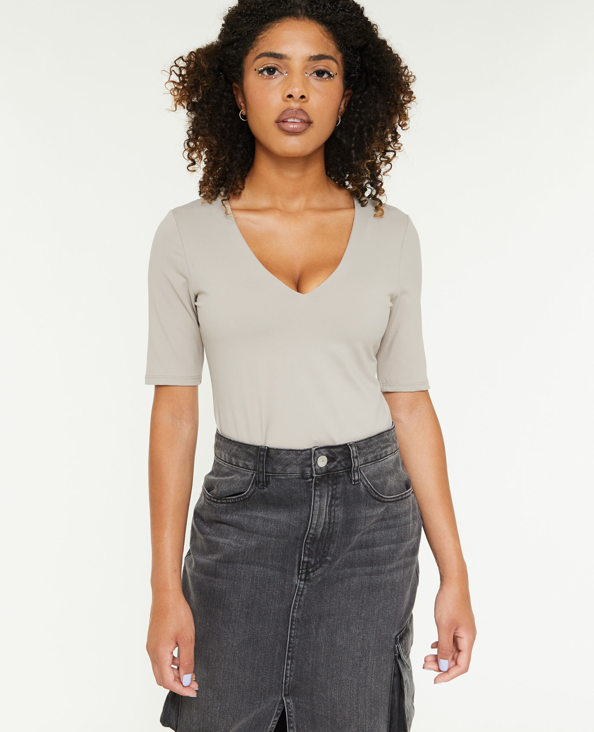 Top col V en maille - Beige
