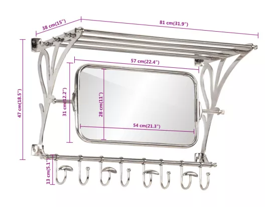 Porte-bagages avec cintres et miroir mural aluminium