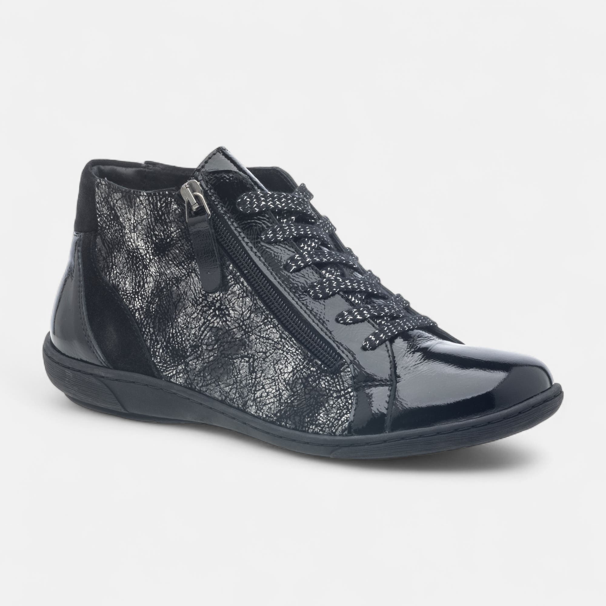 Bottines à lacets Femme en cuir noir vernis