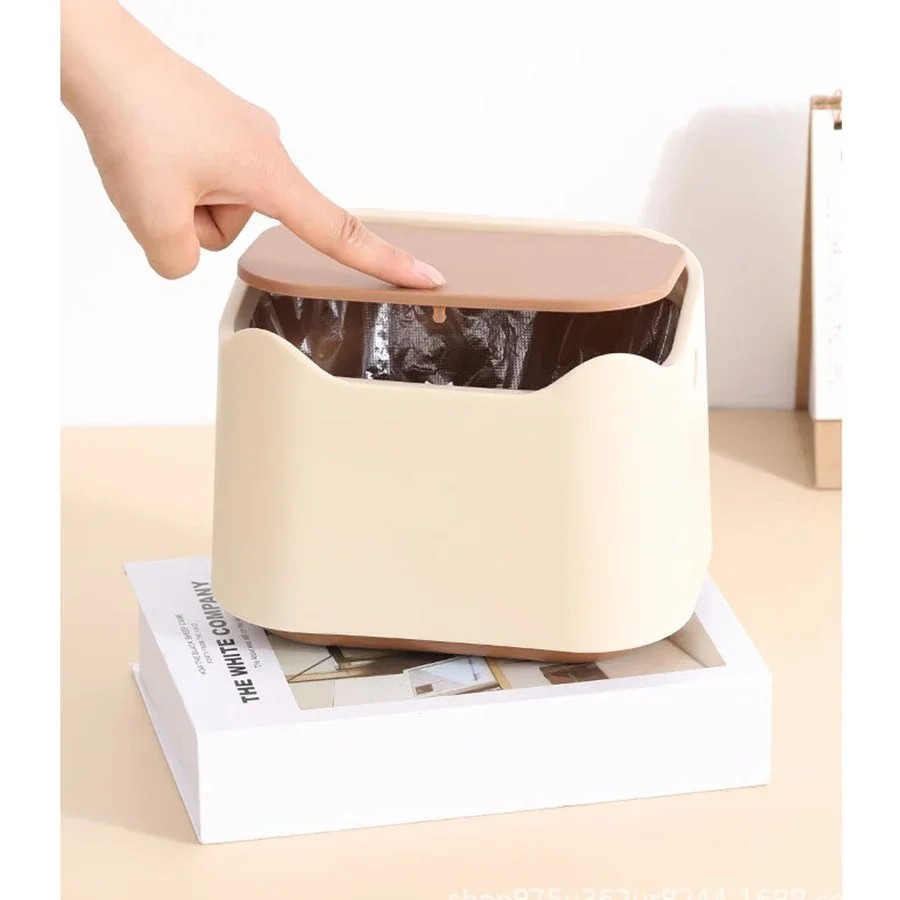 (1.7l) Mini Katzenstreu Eimer Müll Behälter Katzenklo Sand Abfallkübel mit Press Deckel - Beige / Braun
