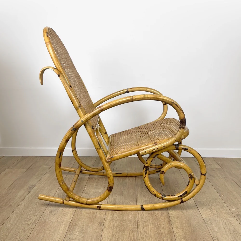 Rocking Chair rotin et cannage 70's