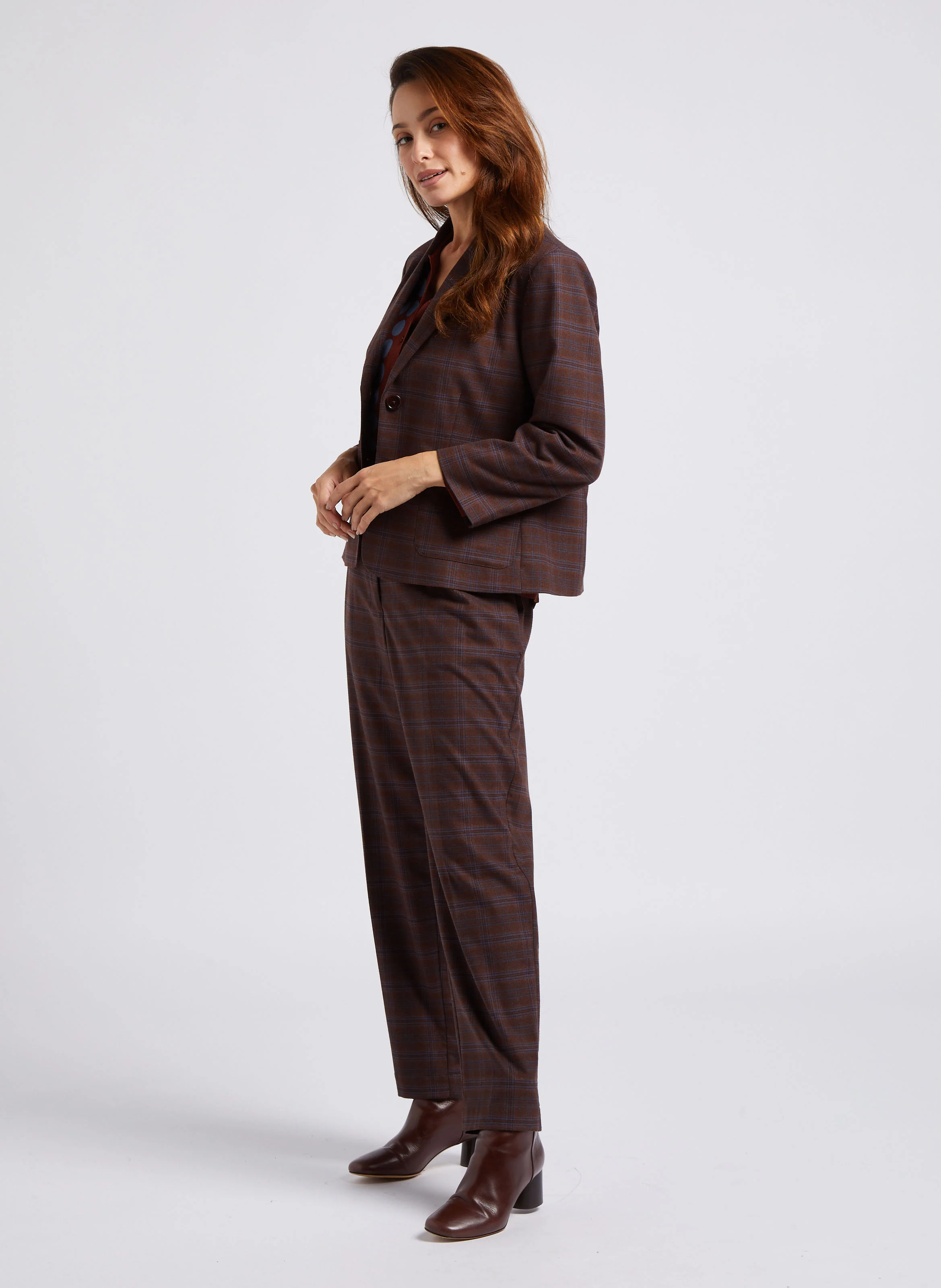 Pantalon à pinces à carreaux | Marron
