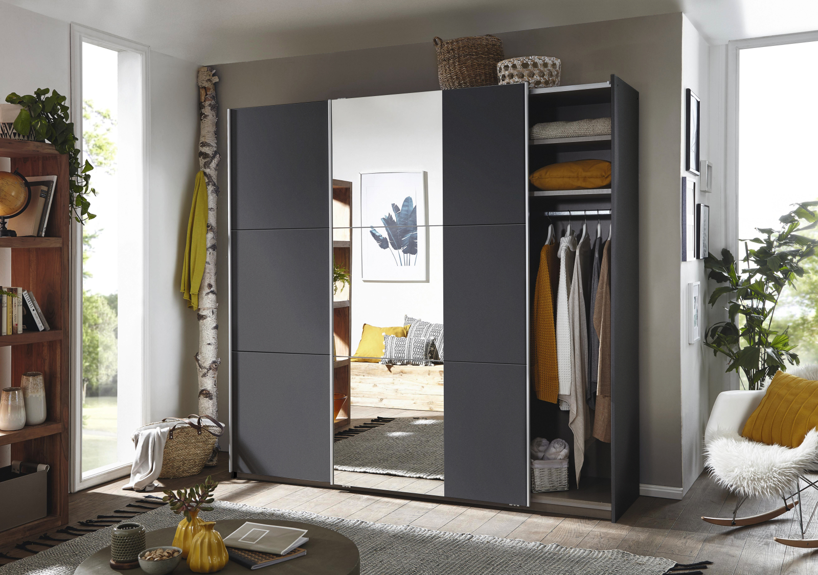 Schwebetürenschrank - grau-metallic - Spiegel - 2 Fachböden - 218 cm