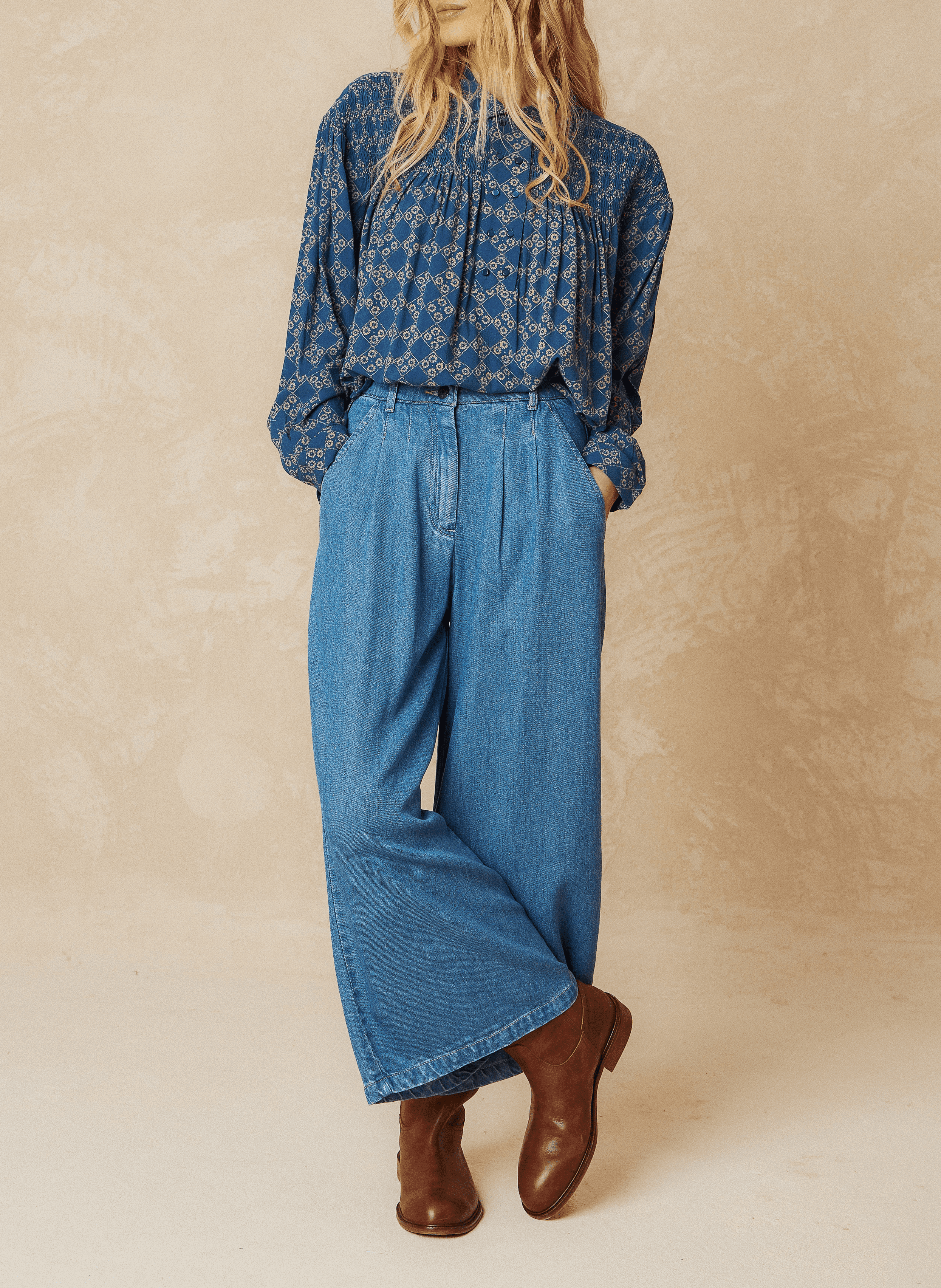 Blouse droite col classique imprimée | Bleu