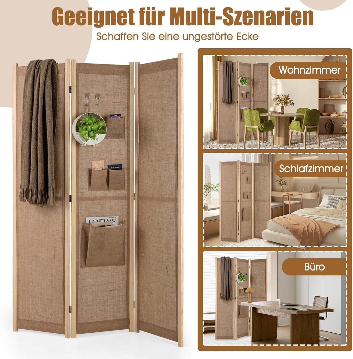 GOPLUS Raumteiler Paravent 4-teilig, 121x170 cm Trennwand mit Aufbewahrungstaschen & Haken, Raumtrenner Innen Sichtschutz faltbar für Wohnzimmer, Natur MS4518454