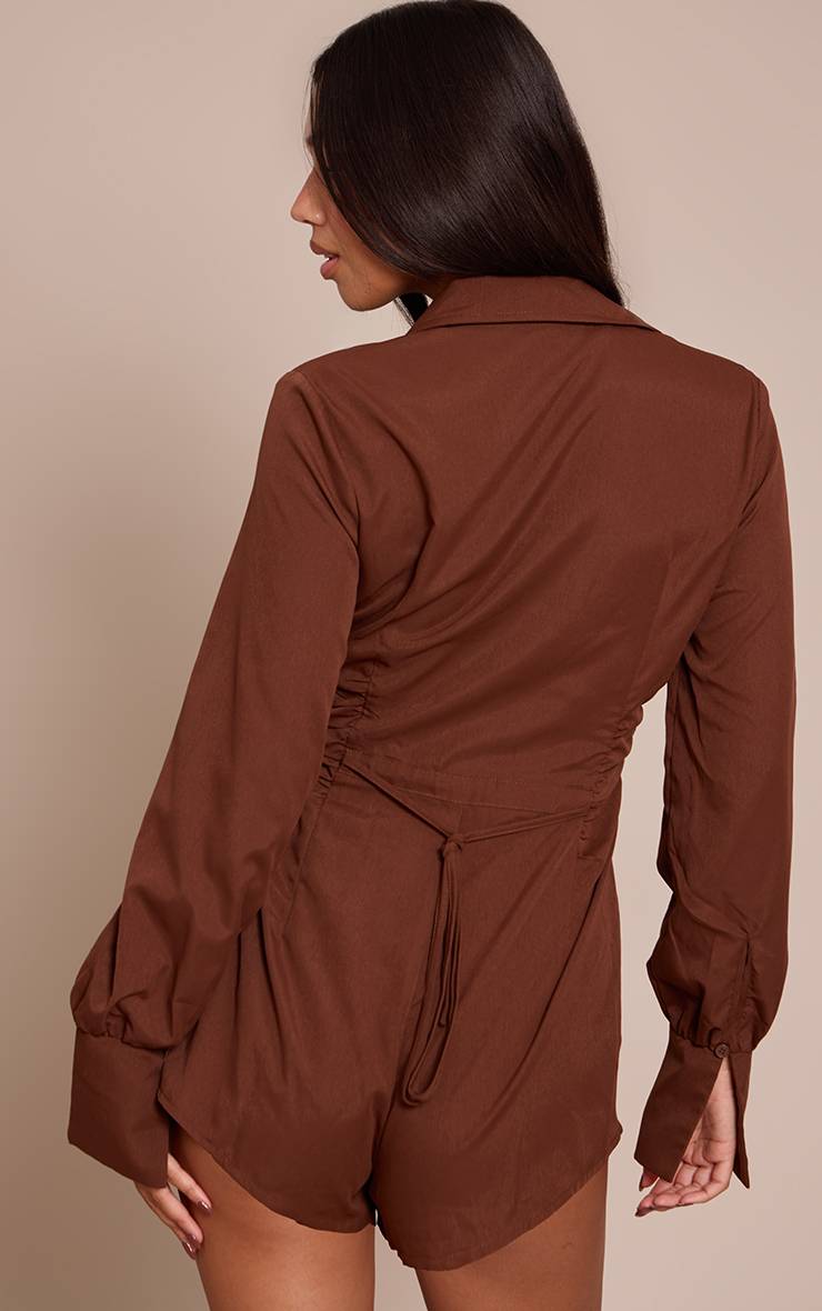 Chocolat Combinaison Courte Ceinturée En Tissu Tissé