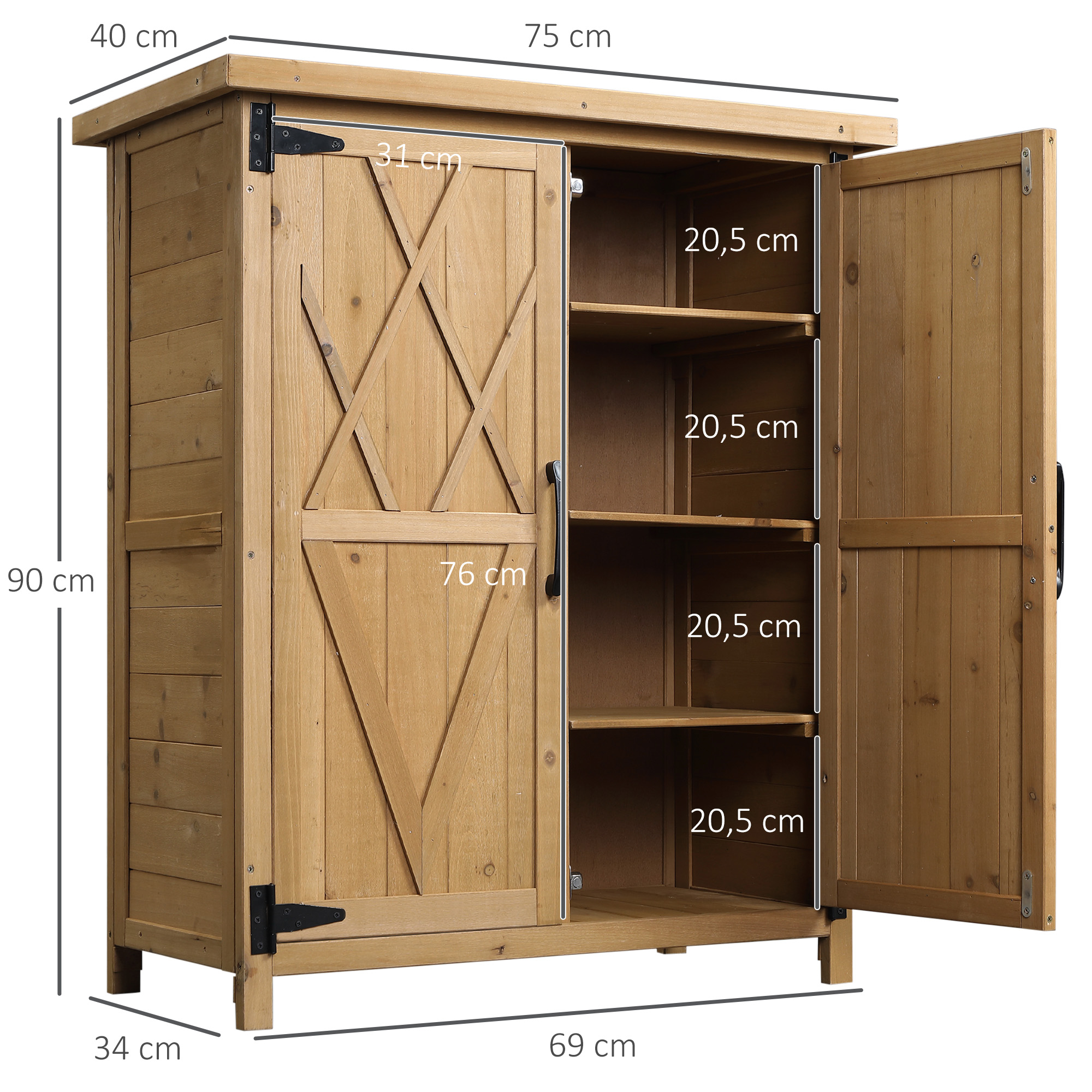 Armário de armazenamento externo de madeira Outsunny, 0,24 m² (75 x 40 x 90 cm), com 2 portas, 4 prateleiras e telhado galvanizado para armazenamento de ferramentas, cor natural.