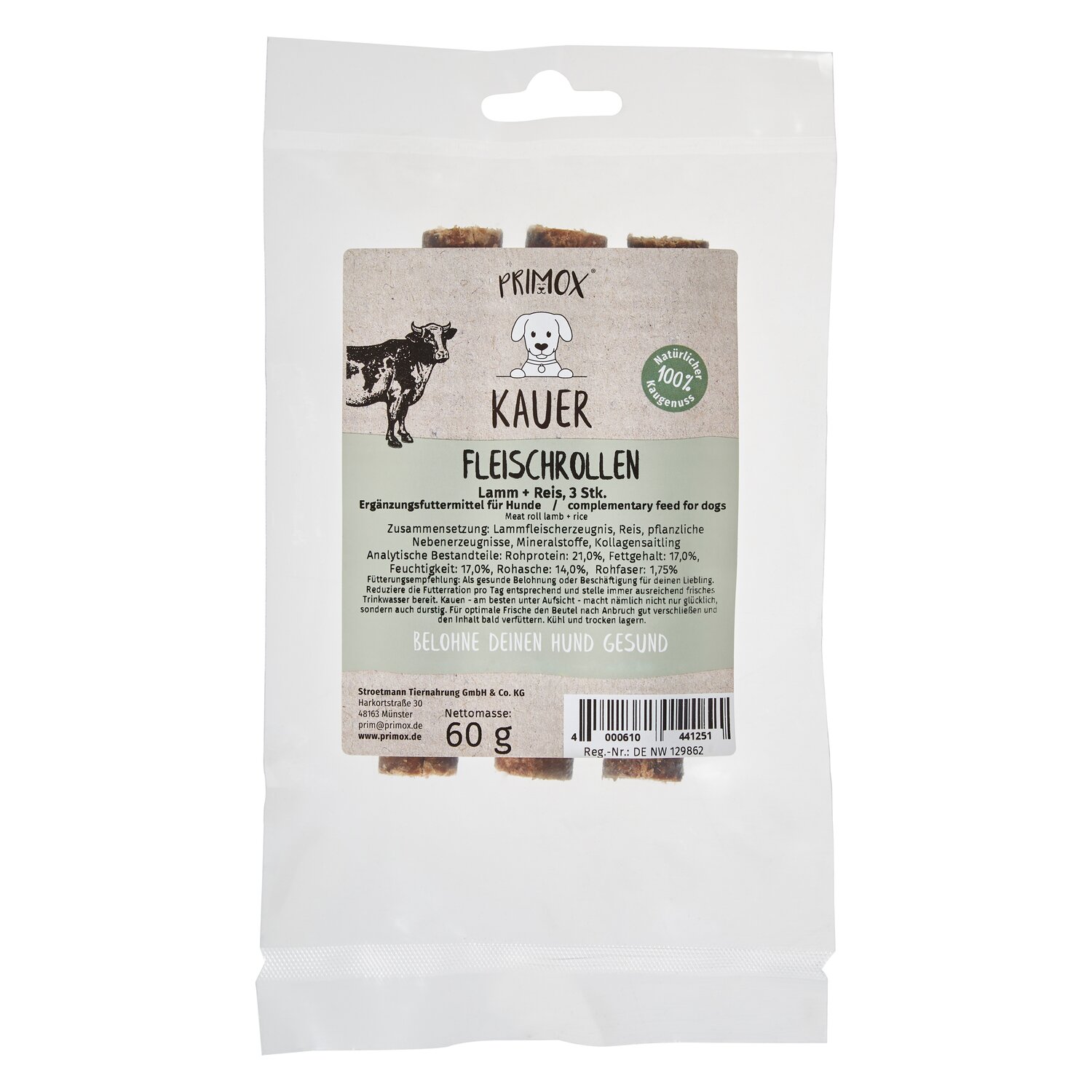 PRIMOX Fleischrolle mit Lamm + Reis  - 60 g
