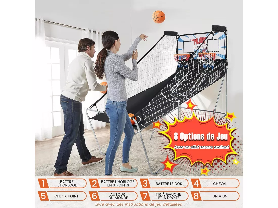 Panier de Basketball Pliable à 2 Panier 4 Balles Pompe de Gonflage, Jeu de Basketball Arcade pour 1 à 4 Joueurs avec Système de Pointage, 8 Modes de Jeux pour Enfants Adultes (Blanc)
