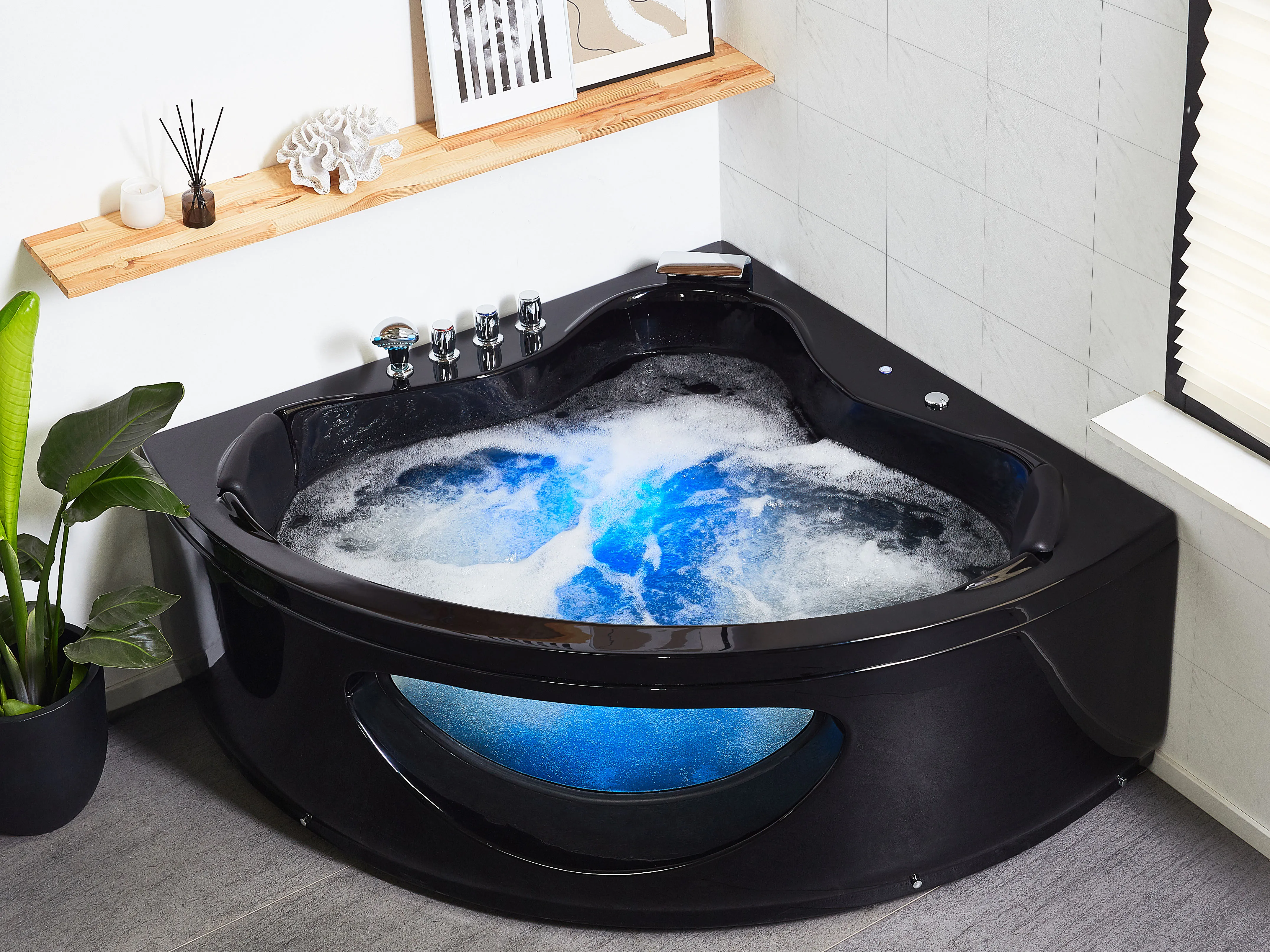 Hoek bubbelbad met LED TOCOA 205 x 146 cm Zwart