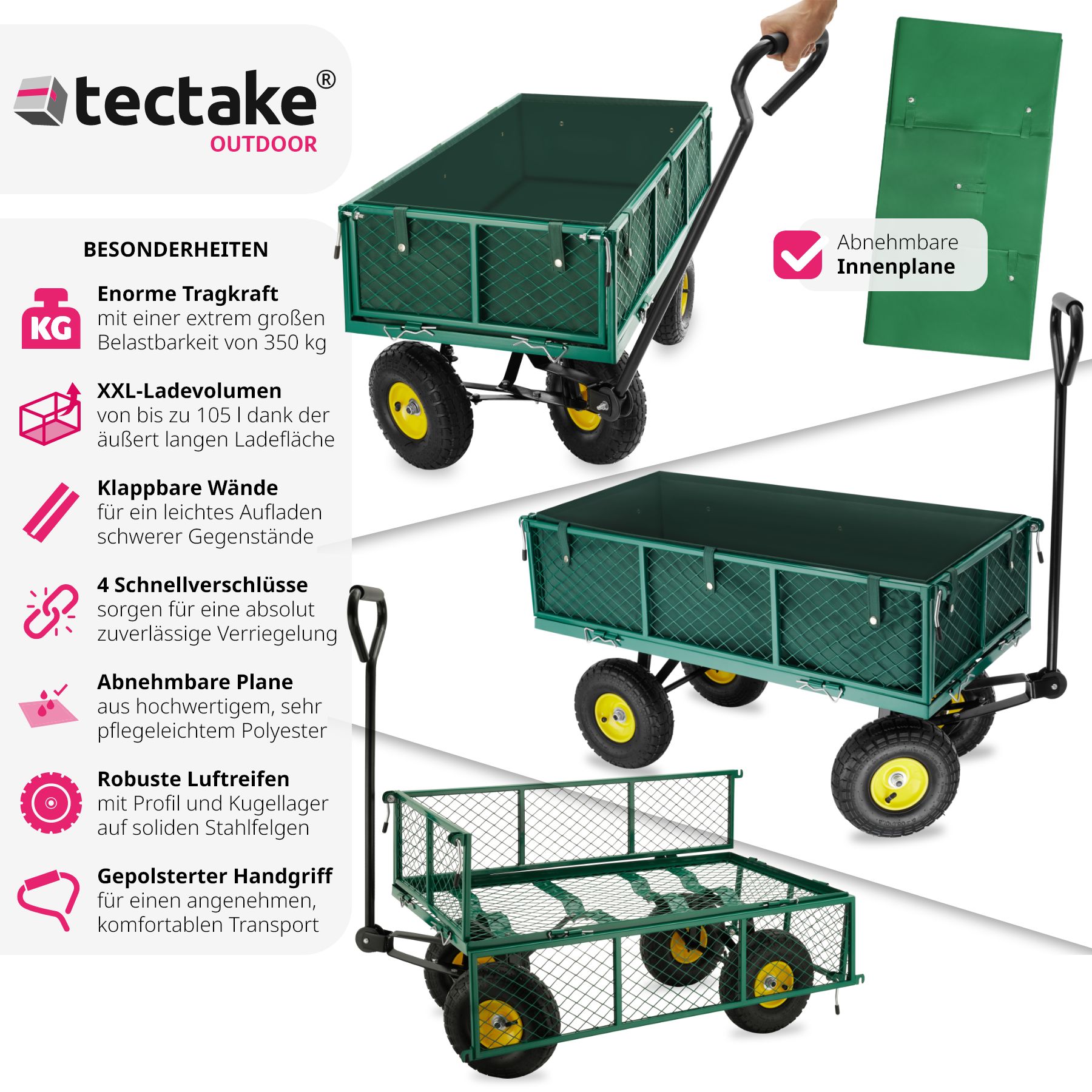 tectake® Bollerwagen, mit klappbaren Seitenwänden, leichtgängige Lenkachse mit gepolstertem Griff, Belastbarkeit 350 kg