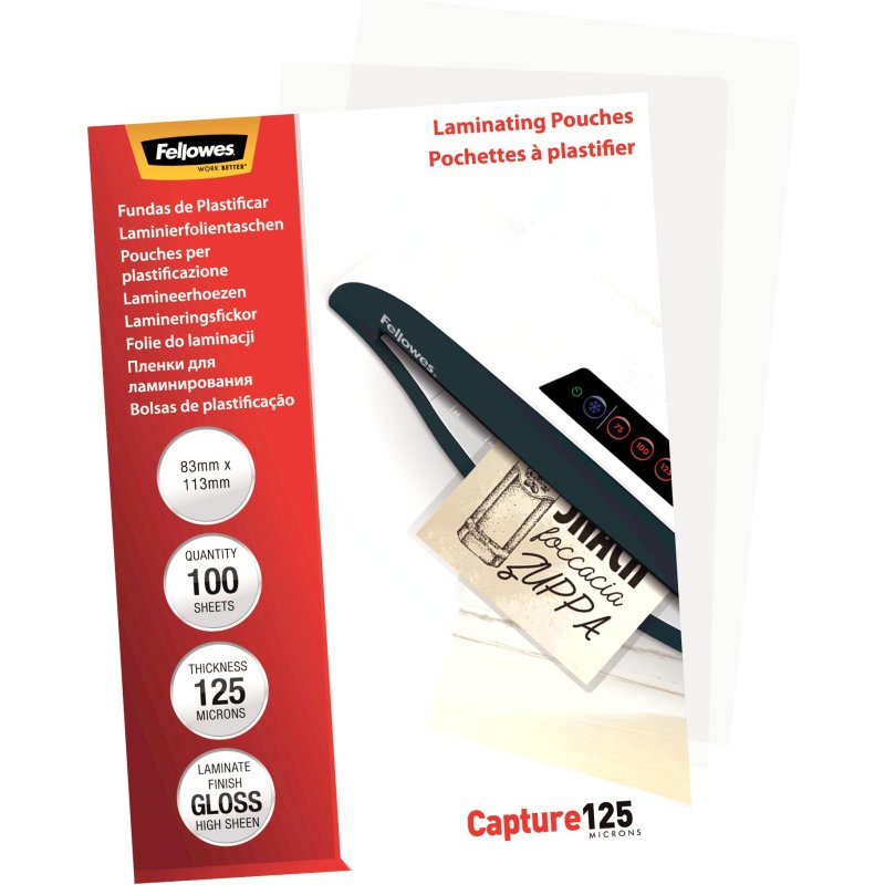 Pochettes de plastification Fellowes brillantes 83 x 113 mm 125 µ brillantes - Boîte de 100