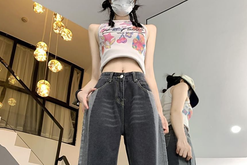 Chisan - Mid Rise Washed Panel Wide Leg Jeans