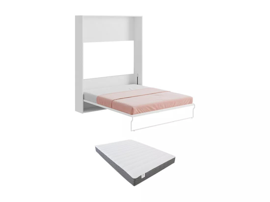Lit escamotable 160 x 200 cm - Ouverture verticale manuelle - Blanc et gris + Matelas - MALINA II