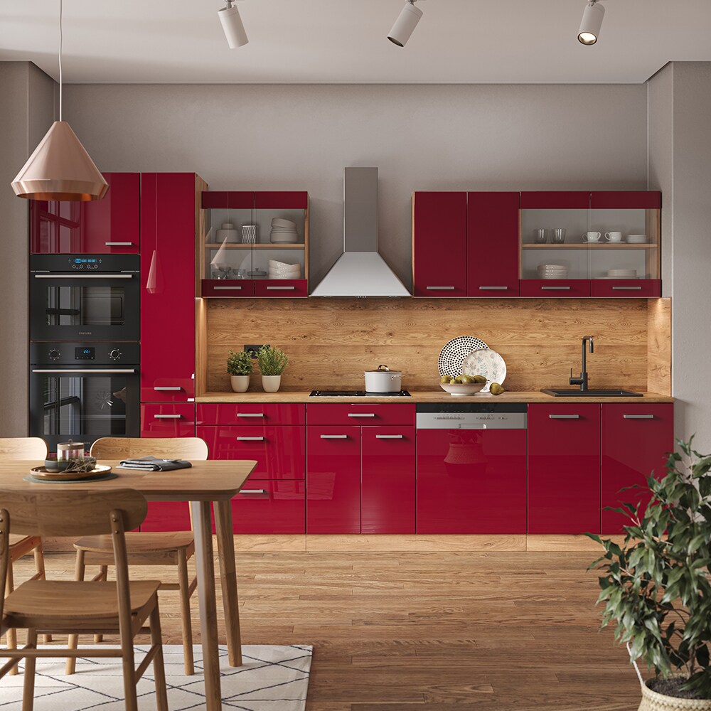 Vicco Küchenzeile Küchenblock Einbauküche R-Line 350 cm Eiche Bordeaux Hochglanz Küche