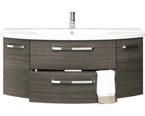 Badkamermeubelset Pelipal Serie 4010, afmetingen (B x H x D): 120,5 x 200 x 48 cm, fronten in grafietstructuur, 4-delige badkamermeubelset inclusief witte keramische wastafel, keramische badmeubel en spiegelkast met LED-verlichting.