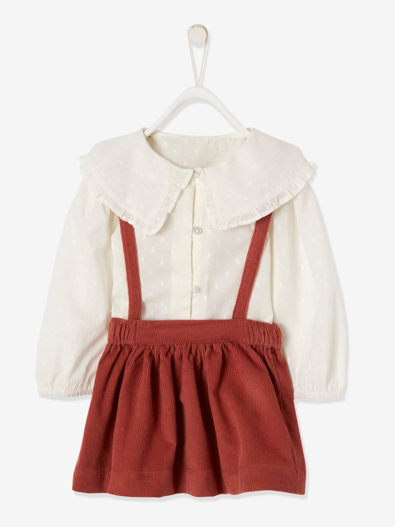 Conjunto de blusa e saia de veludo para bebê, em tecido plumetti branco claro liso.