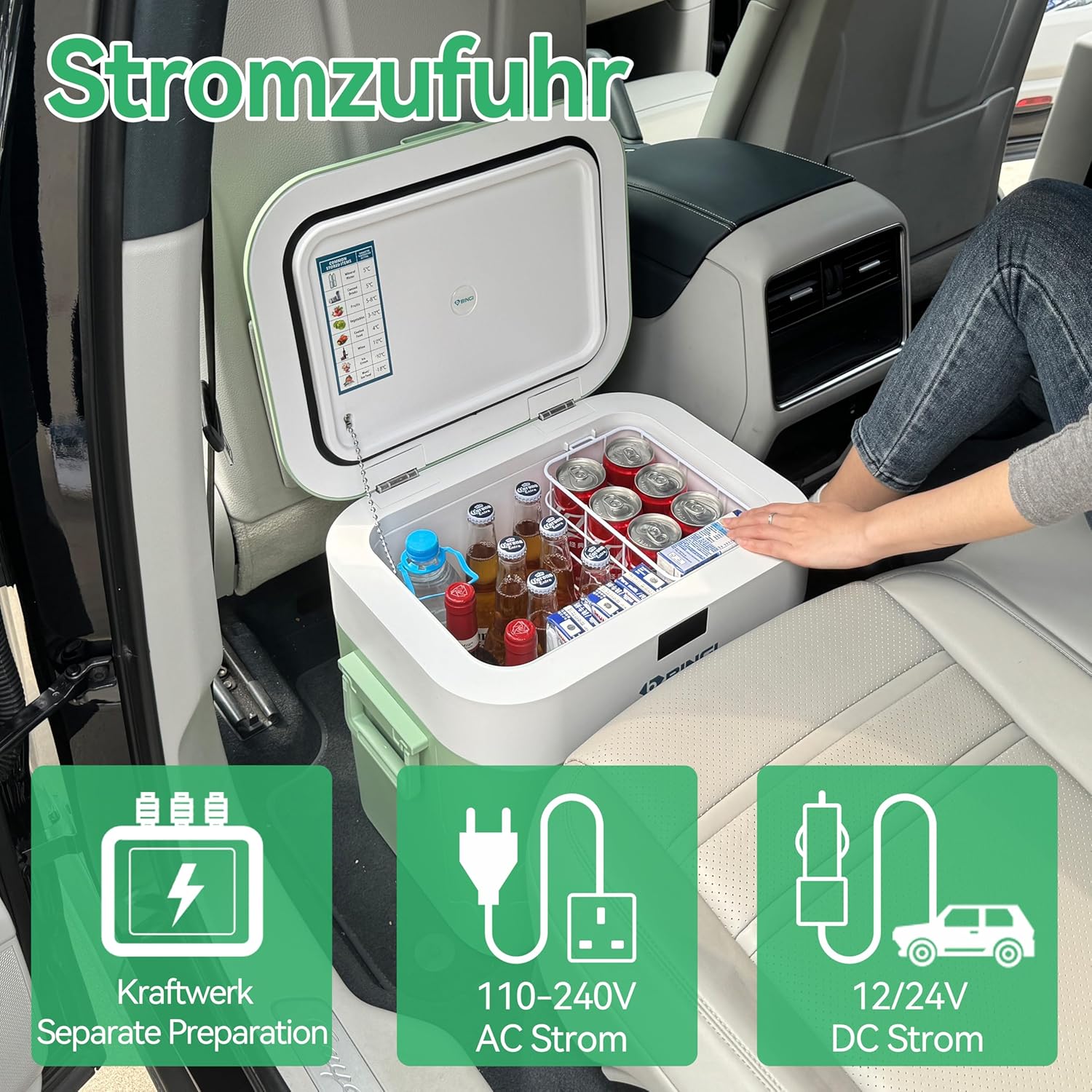 BINGI Kompressor Kühlbox 22 Liter Tragbarer Auto Kühlschrank 12/24V DC und 230V AC Mini Gefrierschrank für Auto, LKW, Camping, Wohnmobil und Zuhause (15℃ bis -18℃)