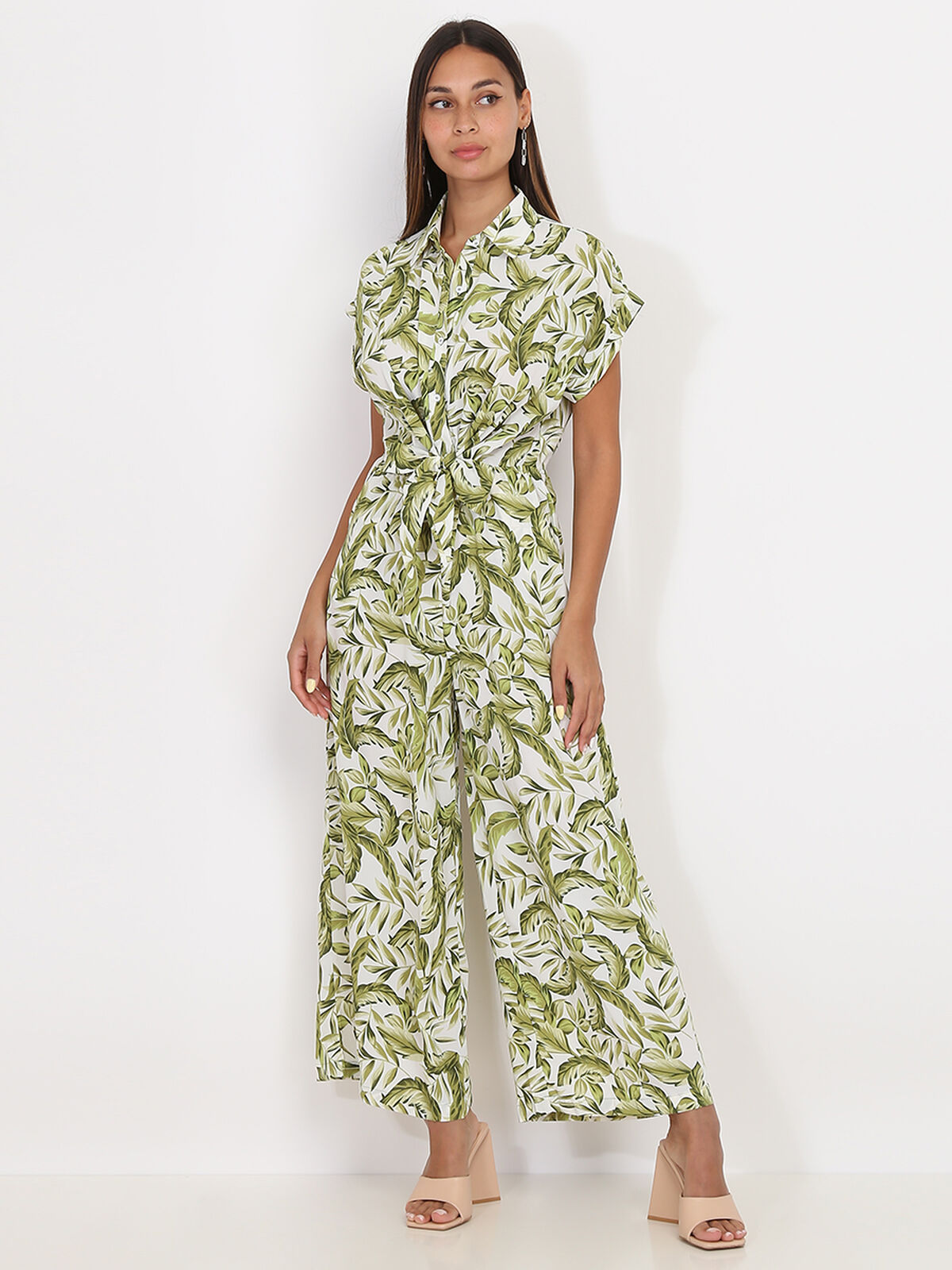 Combinaison fluide à imprimé feuilles- Beige / Vert