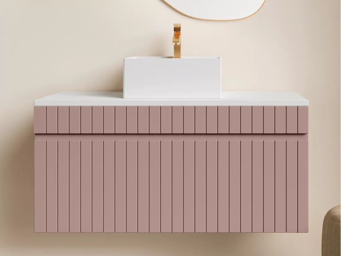 Meuble de salle de bain suspendu strié rose avec vasque à poser - 100 cm - SATARA