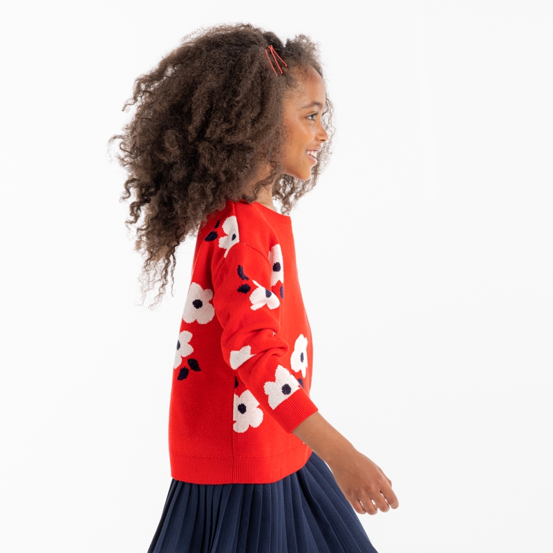Pull jacquard à fleurs bleu fille